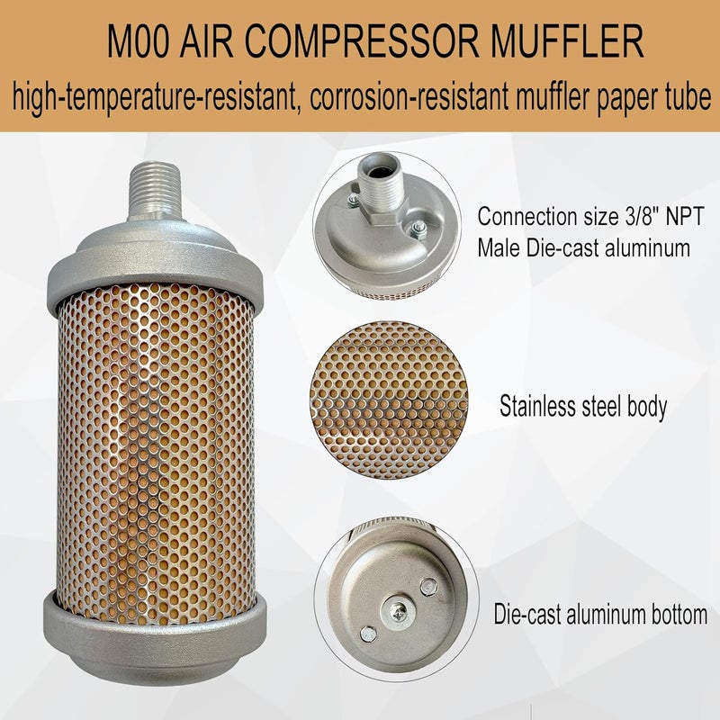 Bounetim M00 Air Compressor Muffler 3/8" NPT Male, Air Exhaust Silencer for Compressor Dryer Compressed Air Equipment and Systems, Single Chamber 145 PSI - Image 2